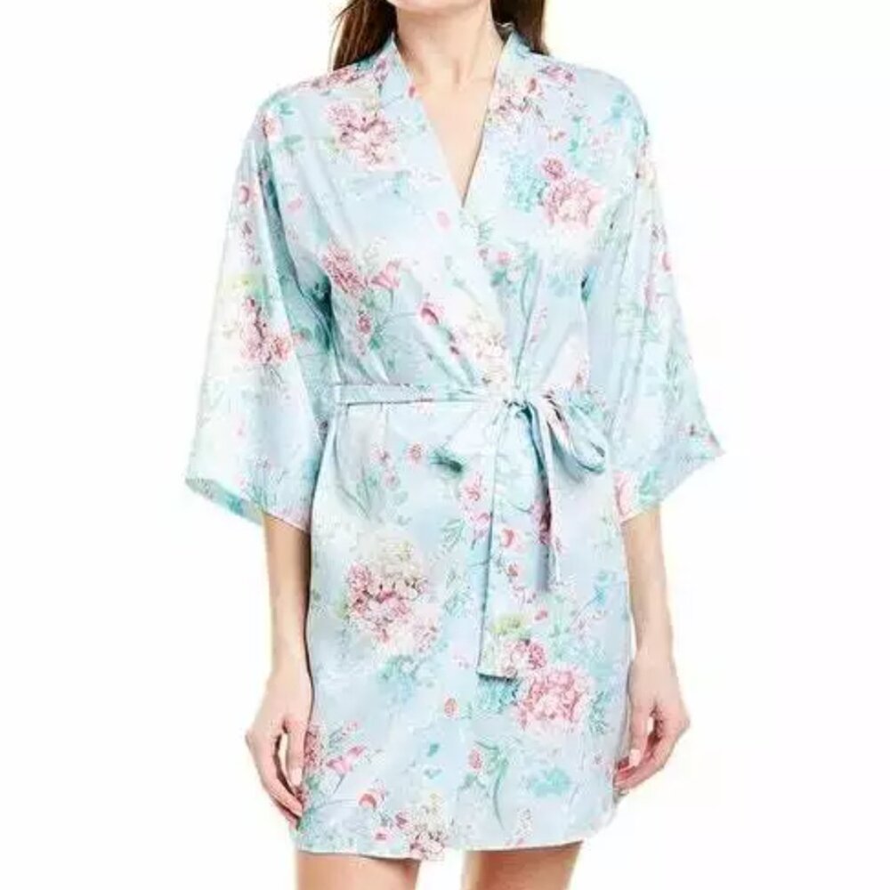 NEW Flora Nikrooz Women Satin Floral Charmeuse Light Blue Short Lounge Robe
